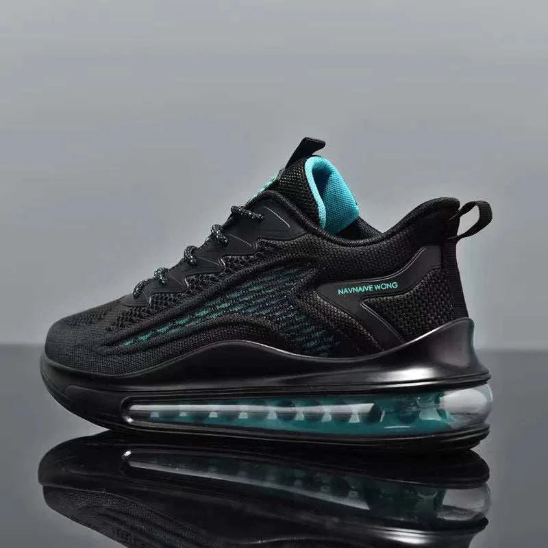 Men's casual air cushion running shoe with breathable mesh upper, lightweight design, and shock-absorbing sole in black and teal colors