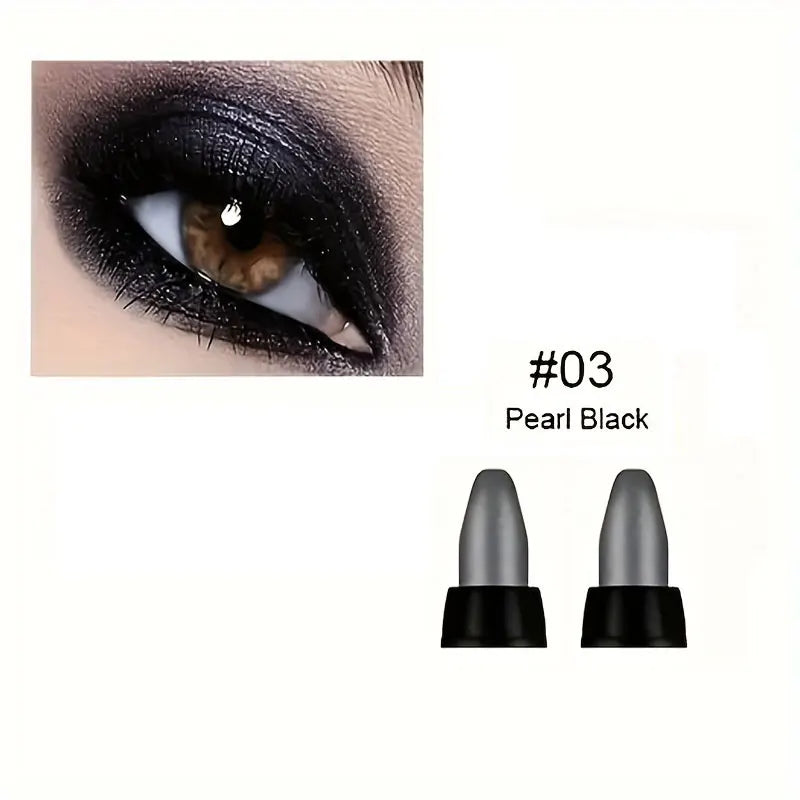 Close-up of eye makeup featuring pearlescent black glitter eyeliner from the 16-color pearlescent glitter eyeliner set with #03 Pearl Black shade and two eyeliner tips shown below.