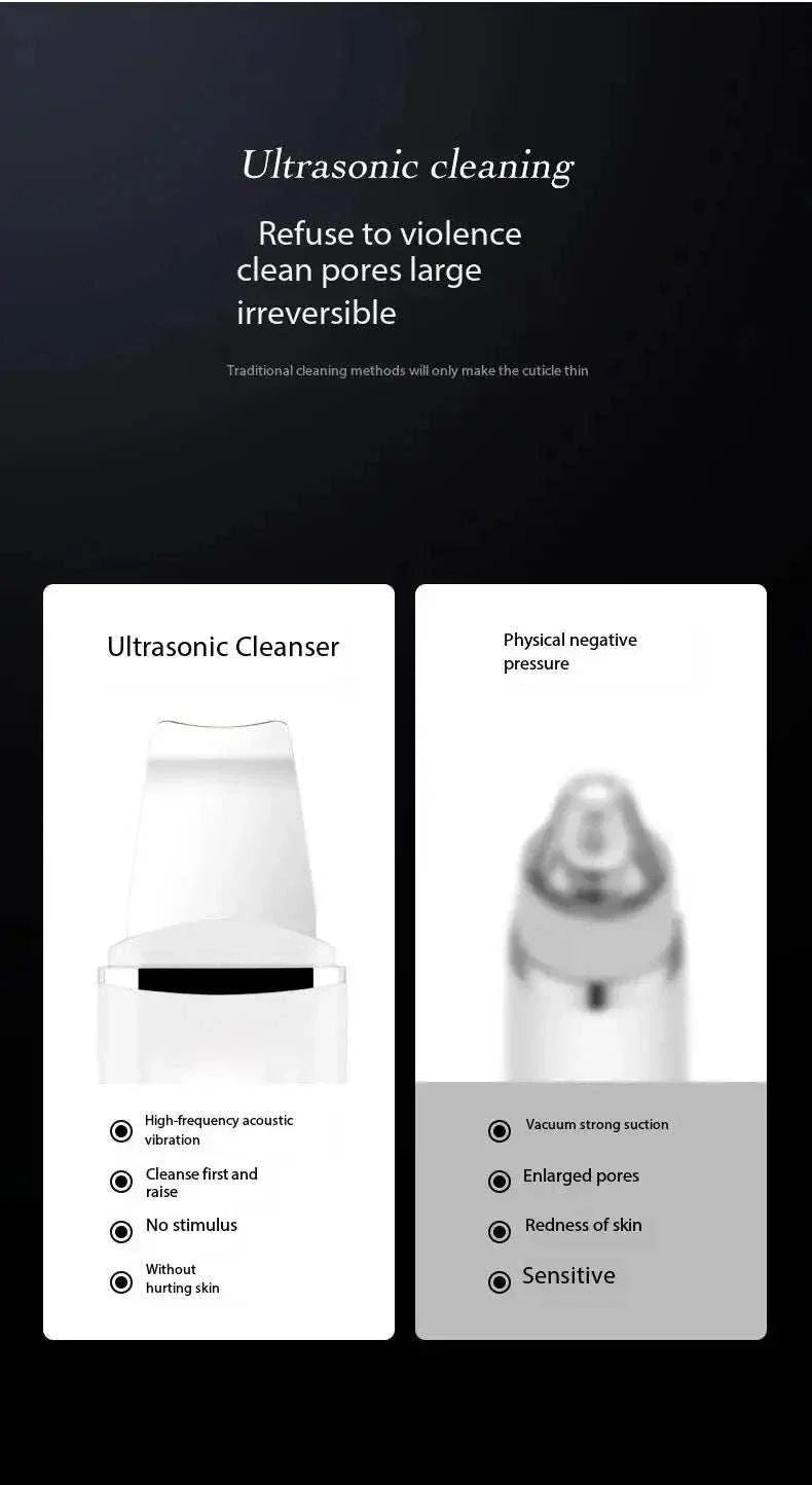 Blackhead remover device with ultrasonic cleaning and adjustable suction for deep pore cleansing and acne care.