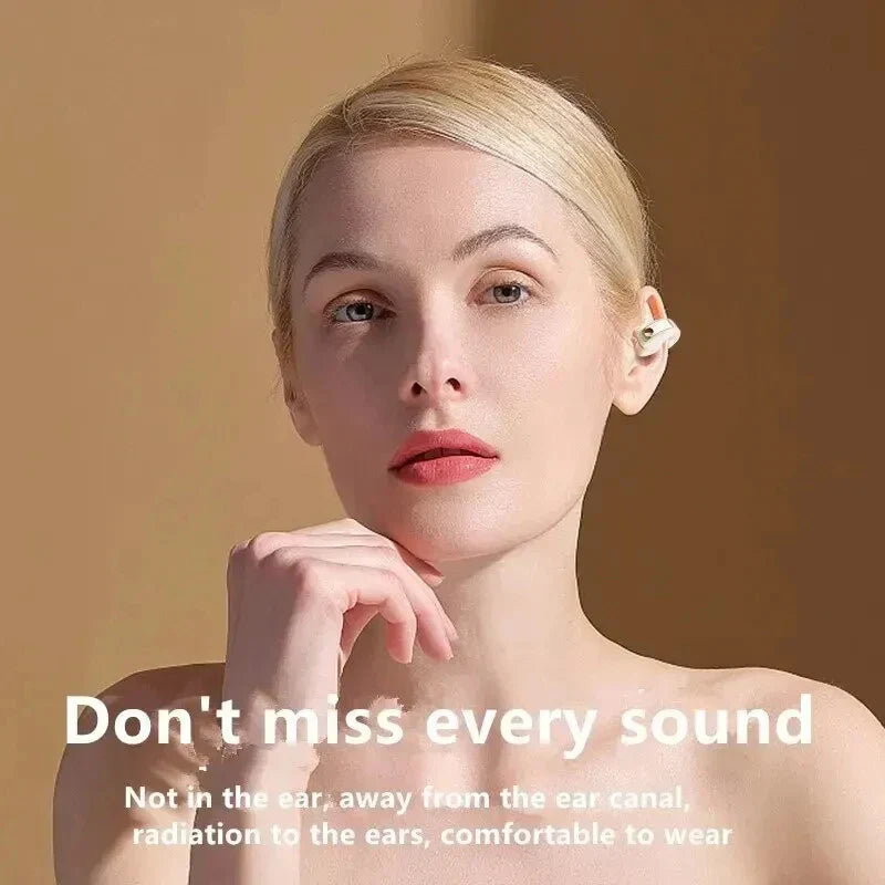 Woman wearing Bluetooth clip-on bone conduction earphone with clear call quality and secure fit