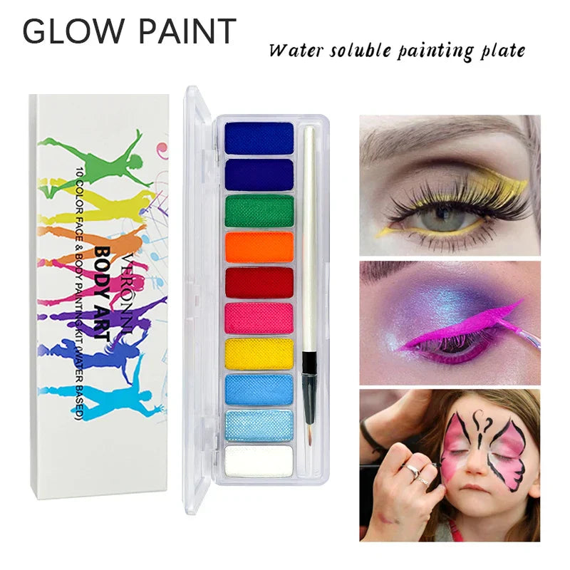 Glow fluorescent neon oil face and body paint set with 10 vibrant colors, waterproof and UV reactive for party and festival makeup.