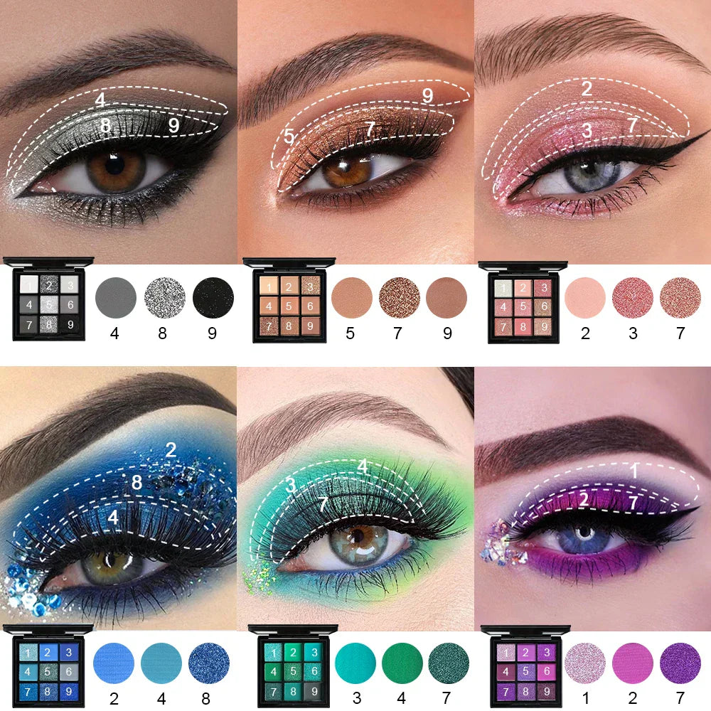 9-Grid Red and Purple Eyeshadow Palette with vibrant red, purple, and glitter shades for bold, blendable, long-lasting eye makeup looks