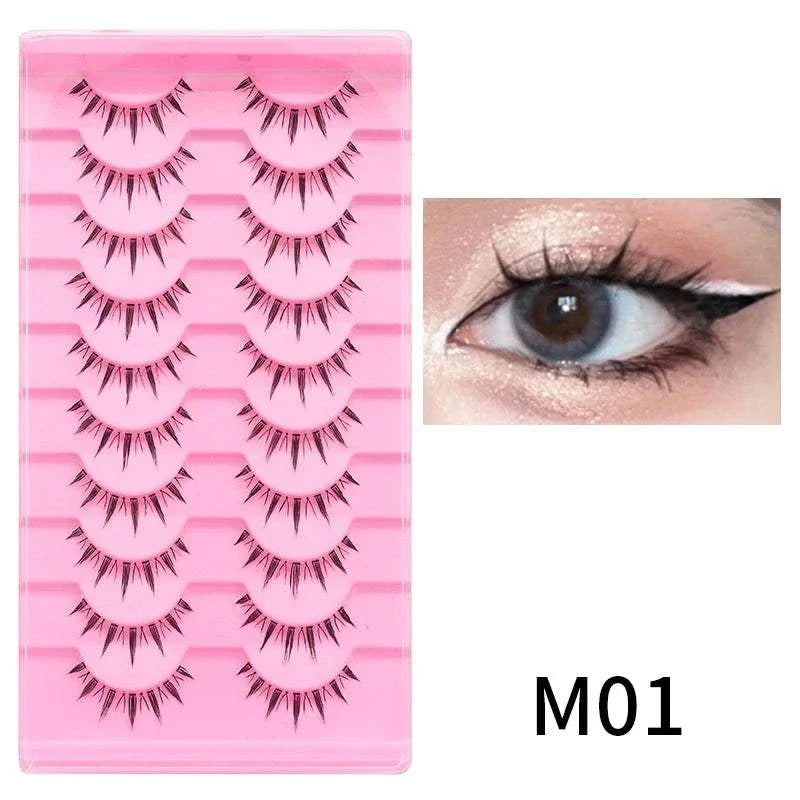 10 pairs of Natural Manga Full Strip Lashes in pink tray with anime-inspired eye makeup example M01