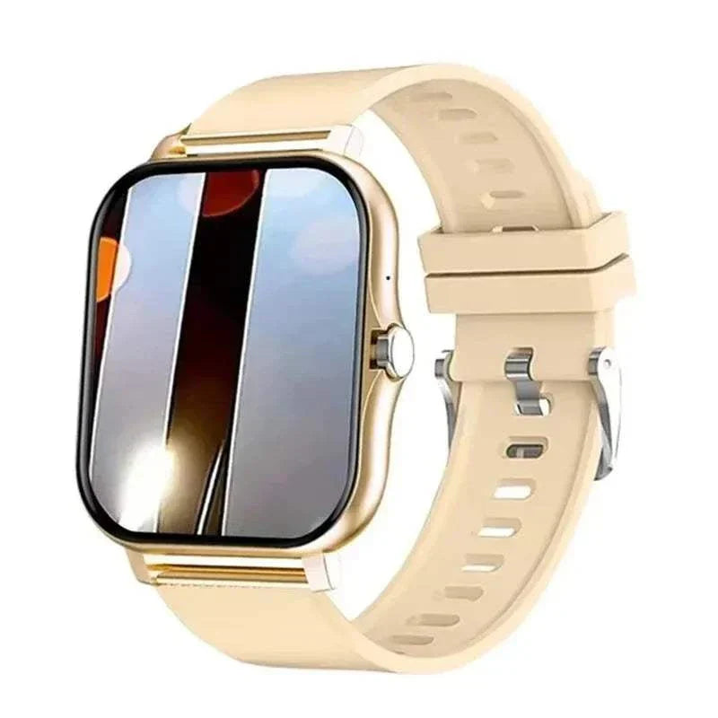 KESHUYOU 2025 Smart Watch with beige strap and vibrant touchscreen display