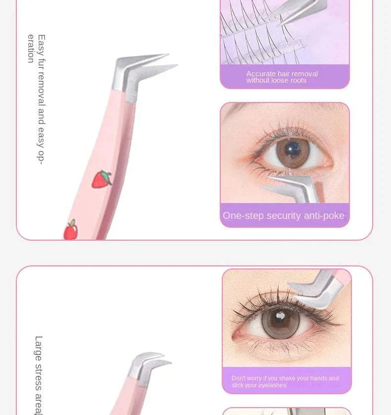 Set of 6 false eyelash tweezers with various tip styles for precise lash application and removal, made of stainless steel with ergonomic pink handles.