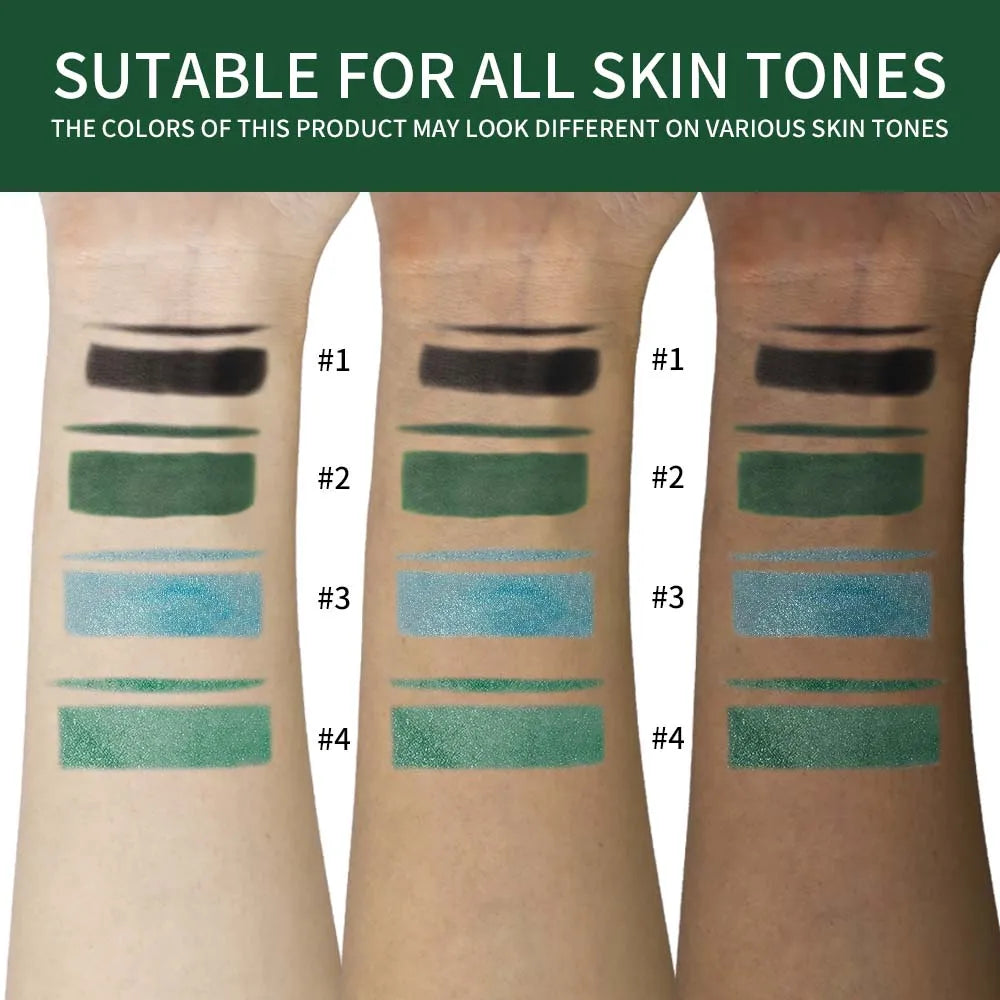4-Colors Etro Bottle Powder Eyeliner swatches on different skin tones showing black, green, light blue, and teal shades