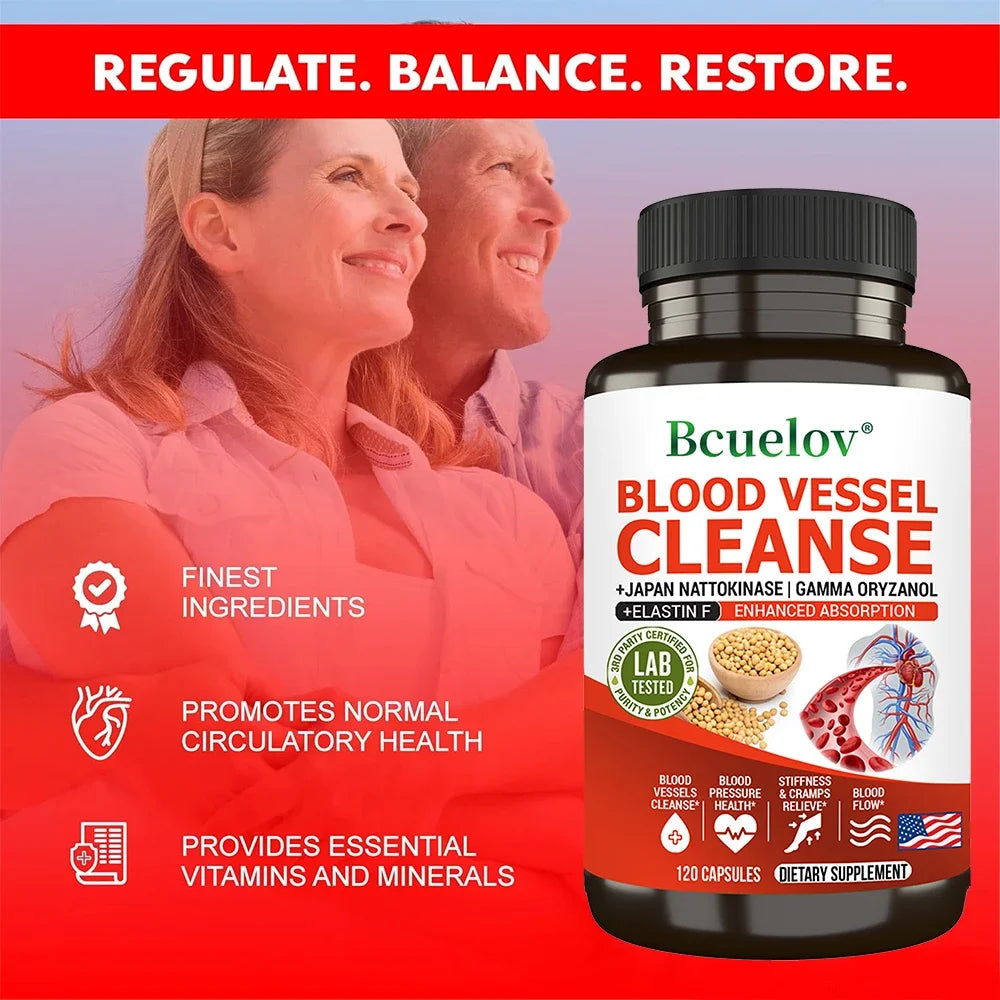 Bottle of Bcuelov Blood Vessel Cleanse vascular cleansing supplement supporting blood flow and cardiovascular health