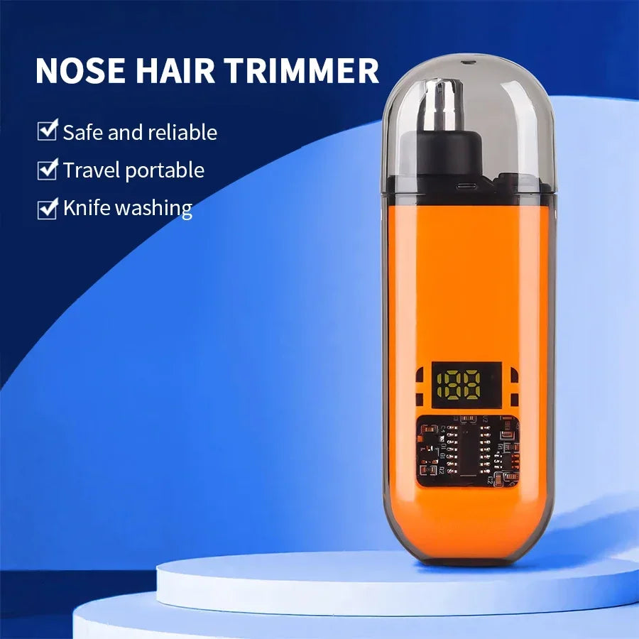 Compact orange 2-in-1 electric ear and nose hair trimmer with digital display, safe and portable for travel, featuring washable blade head.