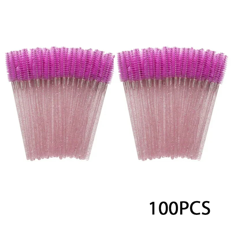 100 disposable mascara and eyebrow brushes with pink spiral bristles and transparent handles, 100-piece set for professional and personal use