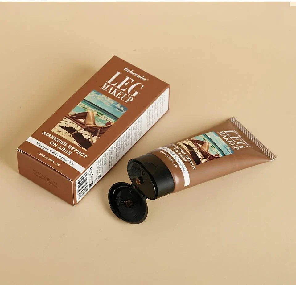 100ml leg makeup tube and box in wheat tan brown for flawless, waterproof, and long-lasting leg coverage