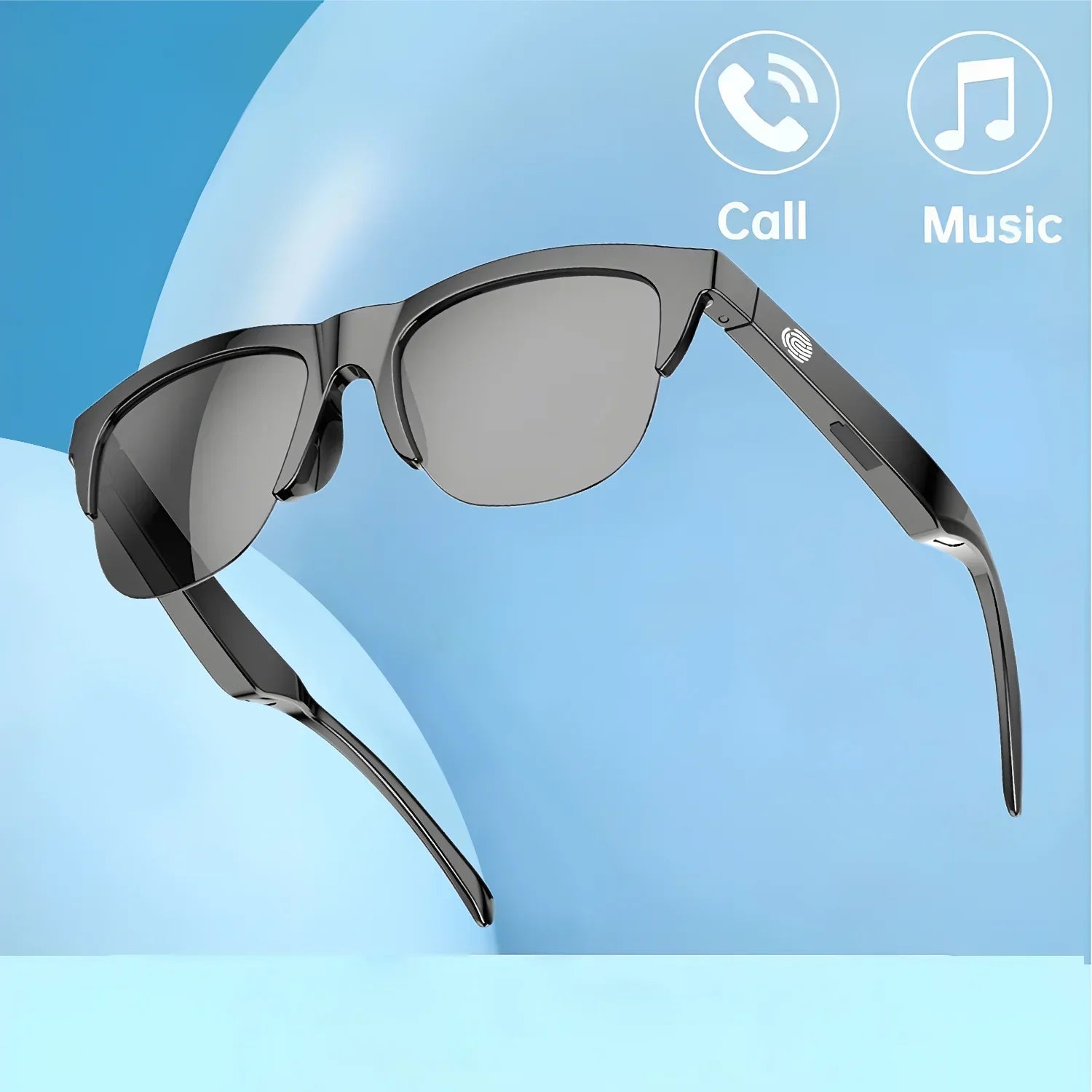 Sleek black AI Translation Smart Glasses with Bluetooth audio, call and music icons, and UV-protective lenses.
