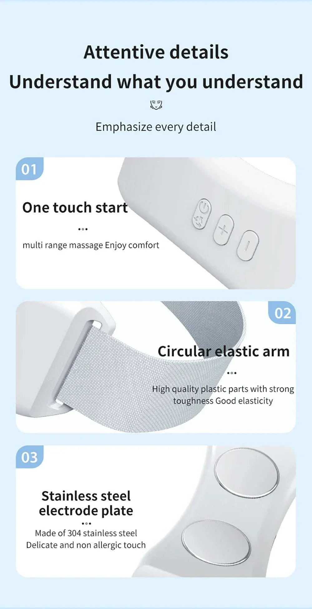 EMS Face Lifting Massager with one-touch start, circular elastic arm, and stainless steel electrode plate for anti-wrinkle and V-face firming.