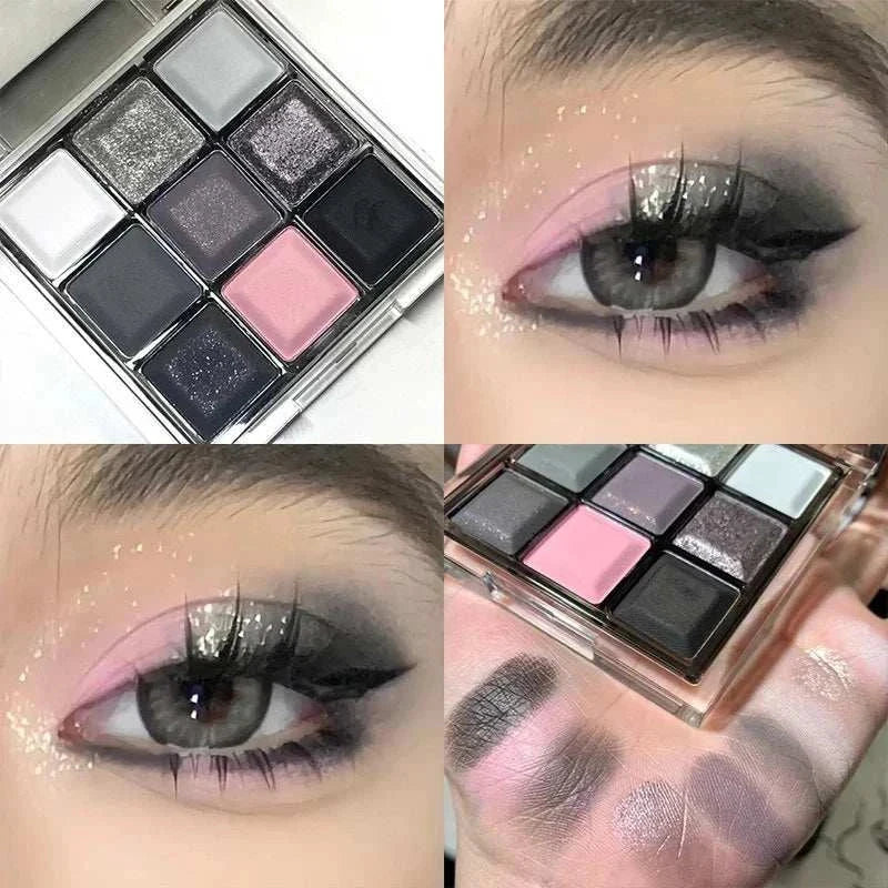 Black Pink Smoky Eye Shadow Palette with pearlescent matte chocolate tones, swatches on hand, and smoky pink eye makeup look