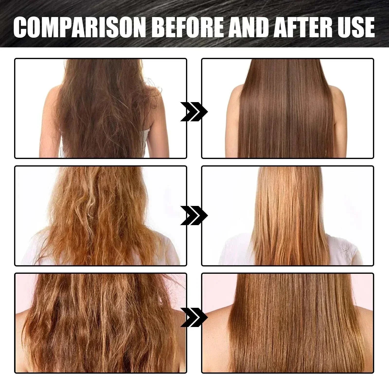Before and after comparison of hair treated with Keratin Hair Care Cream showing transformation from frizzy, damaged hair to smooth, shiny, and straight hair.