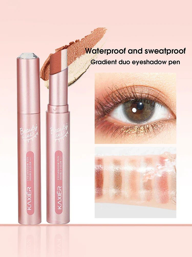 Waterproof Gradient Two-Color Eye Shadow Pen with pearl shine and smudge-resistant formula