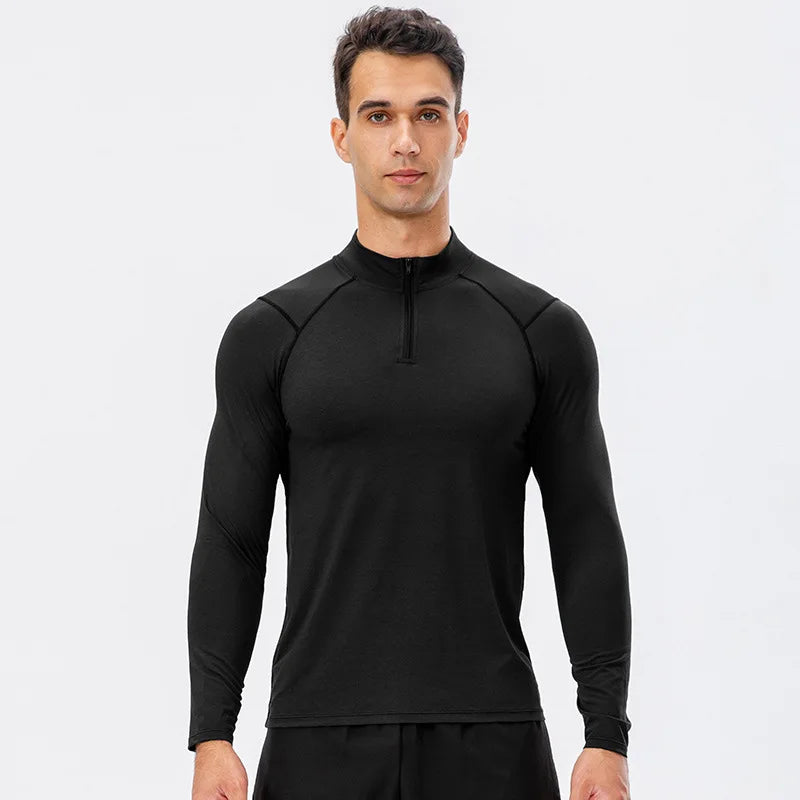 Men's autumn fitness black long-sleeved quick-dry slim-fit running top with half-zip collar