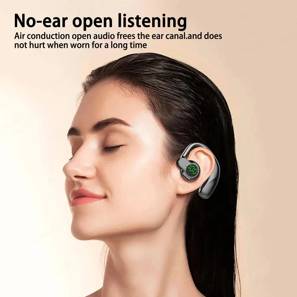 Woman wearing New 180° Wireless Headphone with digital display and earhook, no-ear open listening design
