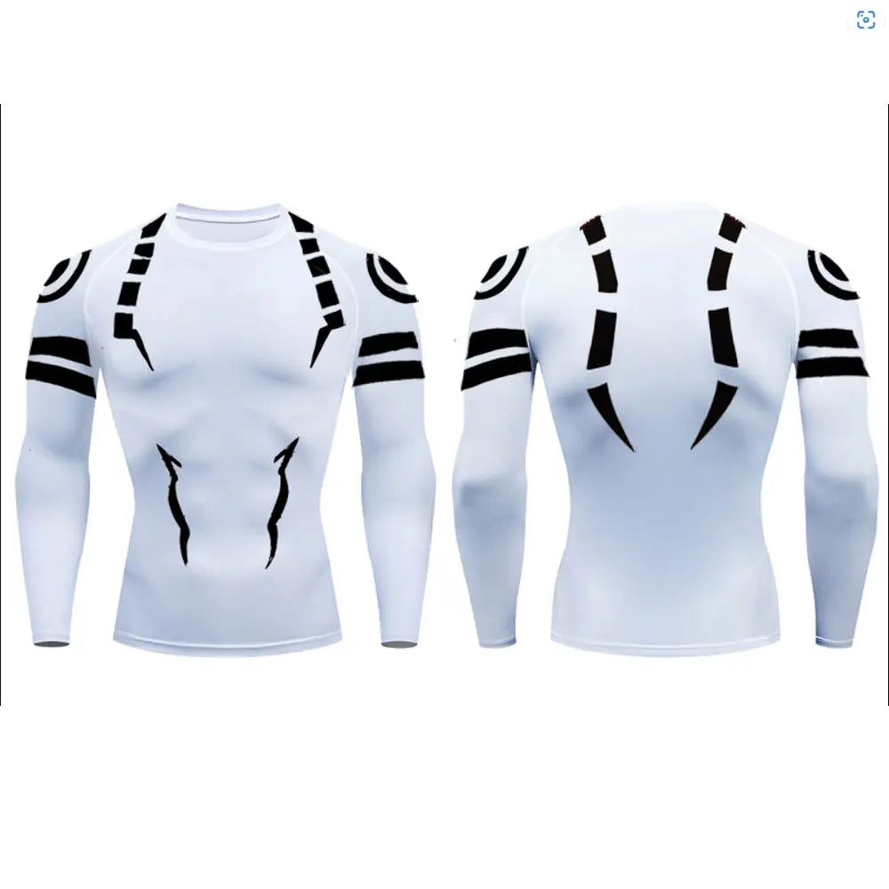 Anime Jujutsu Kaisen Sukuna compression t-shirt with black design on white, front and back view
