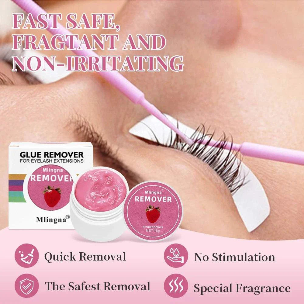 Eyelash Glue Remover cream jar with applicator brush removing lash extensions safely and gently