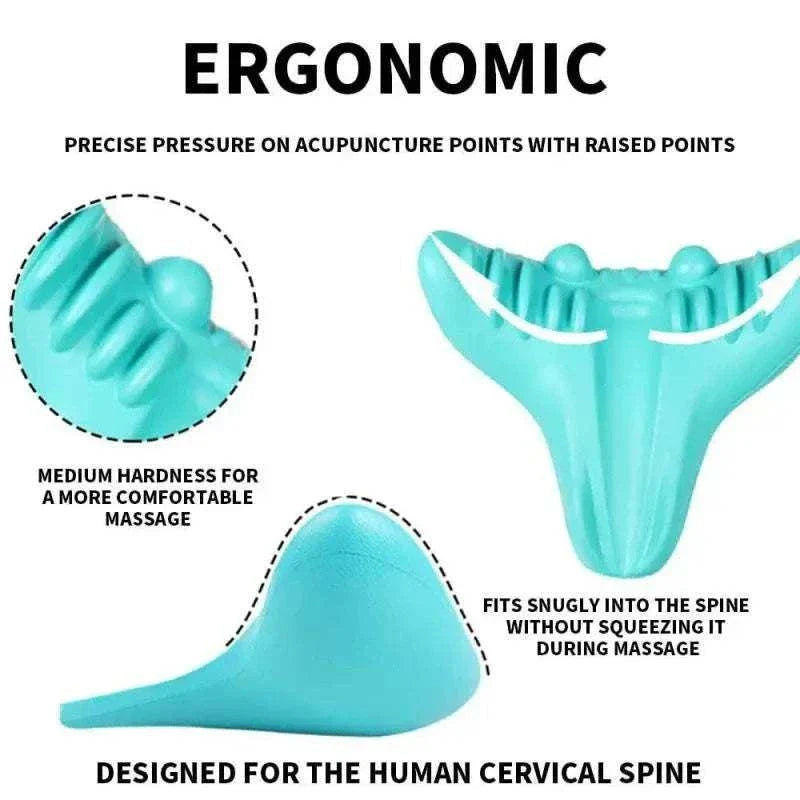 Ergonomic turquoise cervical chiropractic traction device with raised points for precise pressure and comfortable neck massage designed to support the cervical spine.