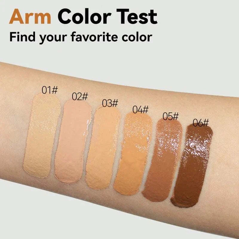 Arm showing six swatches of Face Foundation Cream shades from light to dark labeled 01# to 06# for color matching.