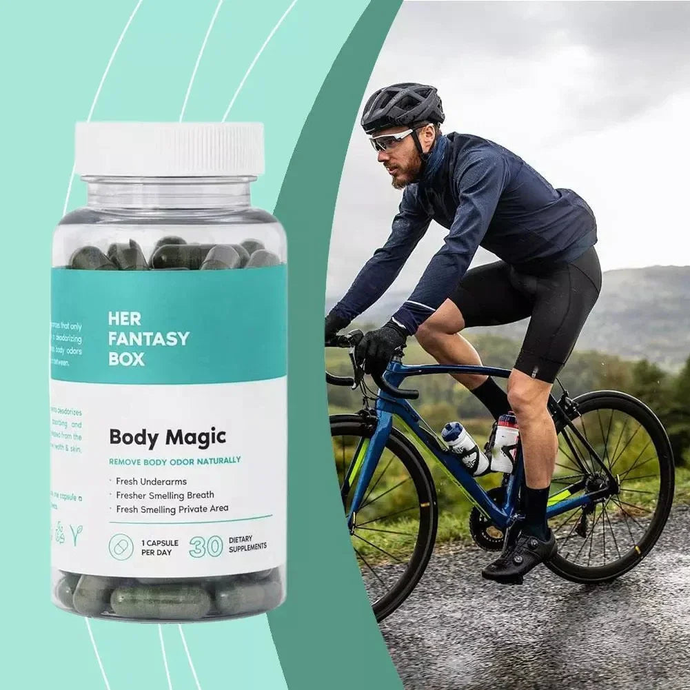 Bottle of Her Fantasy Box Body Magic chlorophyll capsules next to a cyclist riding a bike outdoors