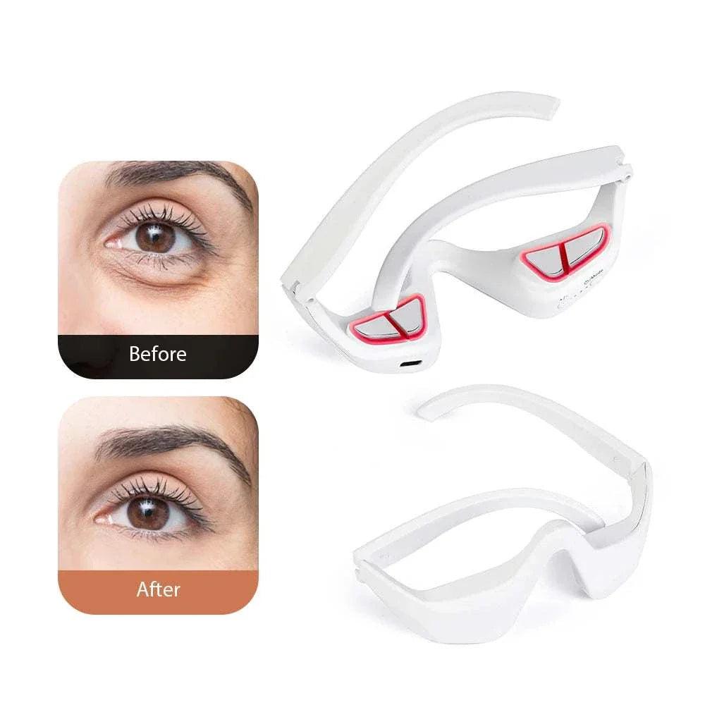 3D Eye Massager device showing before and after results for reducing dark circles and puffiness under eyes