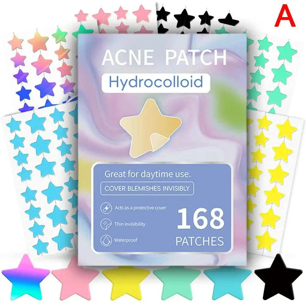 Colorful star-shaped hydrocolloid acne patches in various pastel colors with resealable packaging containing 168 waterproof pimple patches for daytime use.