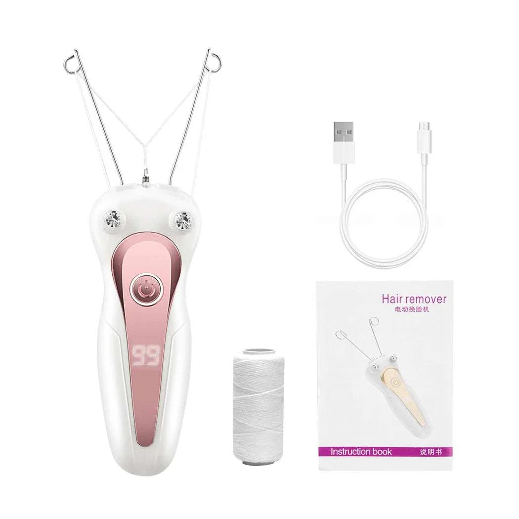 Electric body hair remover with rechargeable design, cotton thread epilation, USB charging cable, spool of thread, and instruction manual for gentle and effective hair removal.