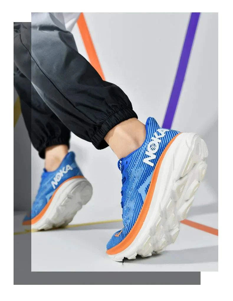 Blue Carbon Plate Air Cushion lightweight running shoes with breathable mesh upper and durable white rubber outsole on runner's feet