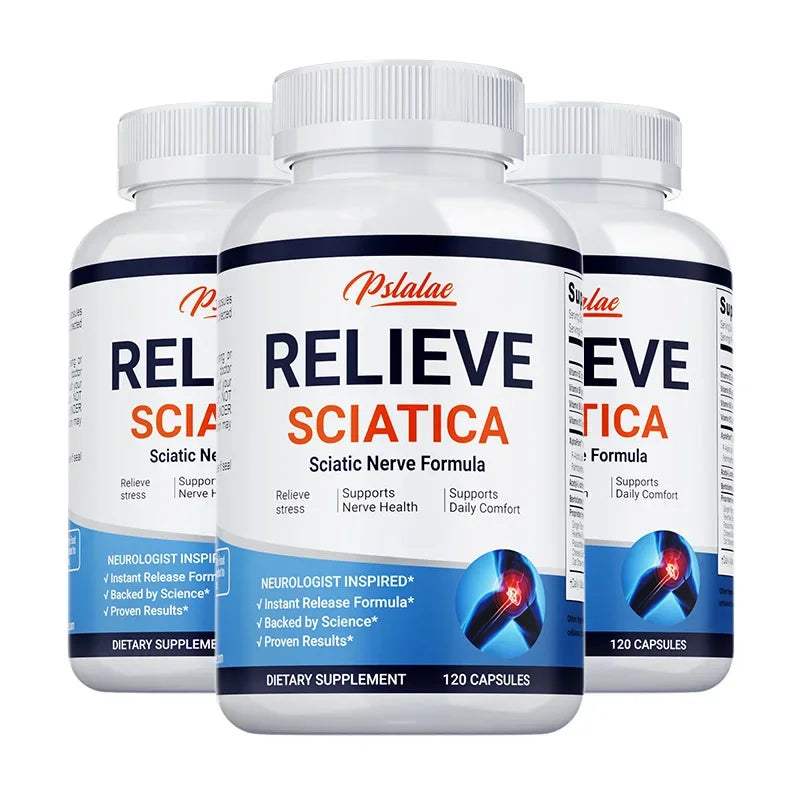 Three bottles of Pslalae Relieve Sciatica dietary supplement for sciatica nerve pain relief and mobility support