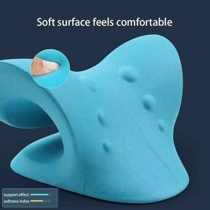 Blue cervical chiropractic traction device with soft, ergonomic foam surface designed for neck and shoulder pain relief and posture support