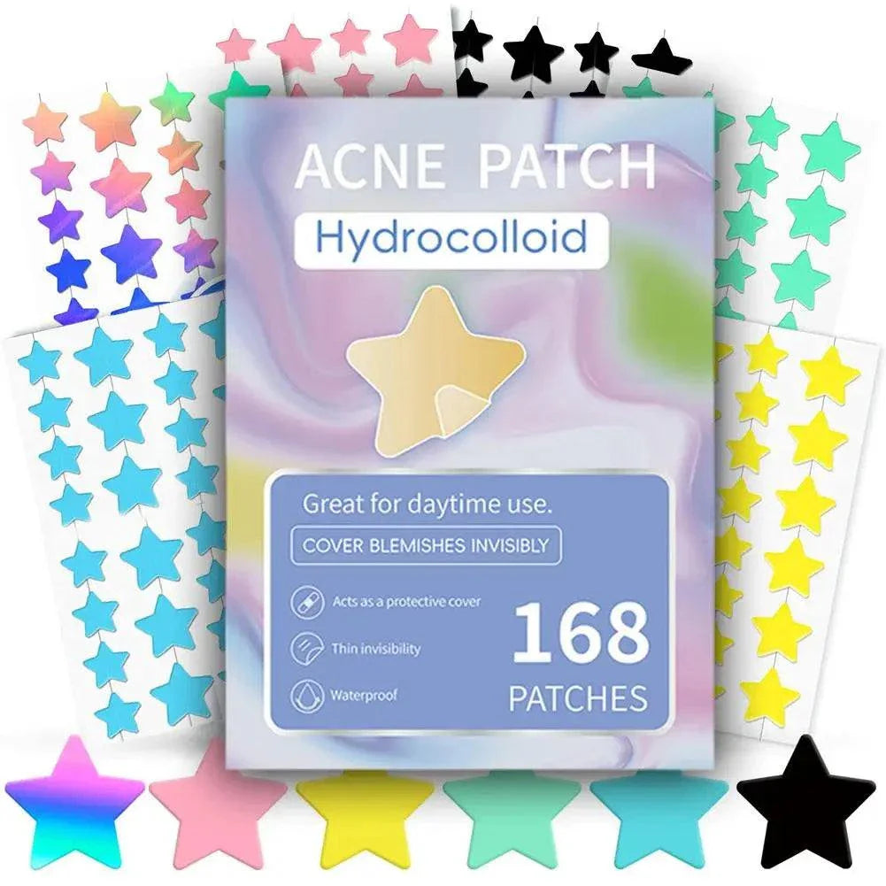 Colorful star-shaped hydrocolloid acne patches in multiple vibrant colors with resealable packaging containing 168 pieces for discreet, fast-acting pimple treatment.