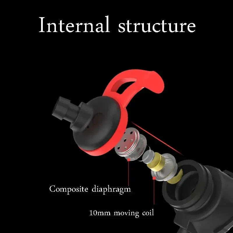 Exploded view of red and black headset gamer wired earphones showing internal composite diaphragm and 10mm moving coil components
