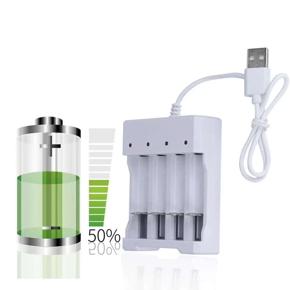High-speed USB rechargeable battery charger with 3/4 slots for AA and AAA batteries, LED indicators, and USB power input.