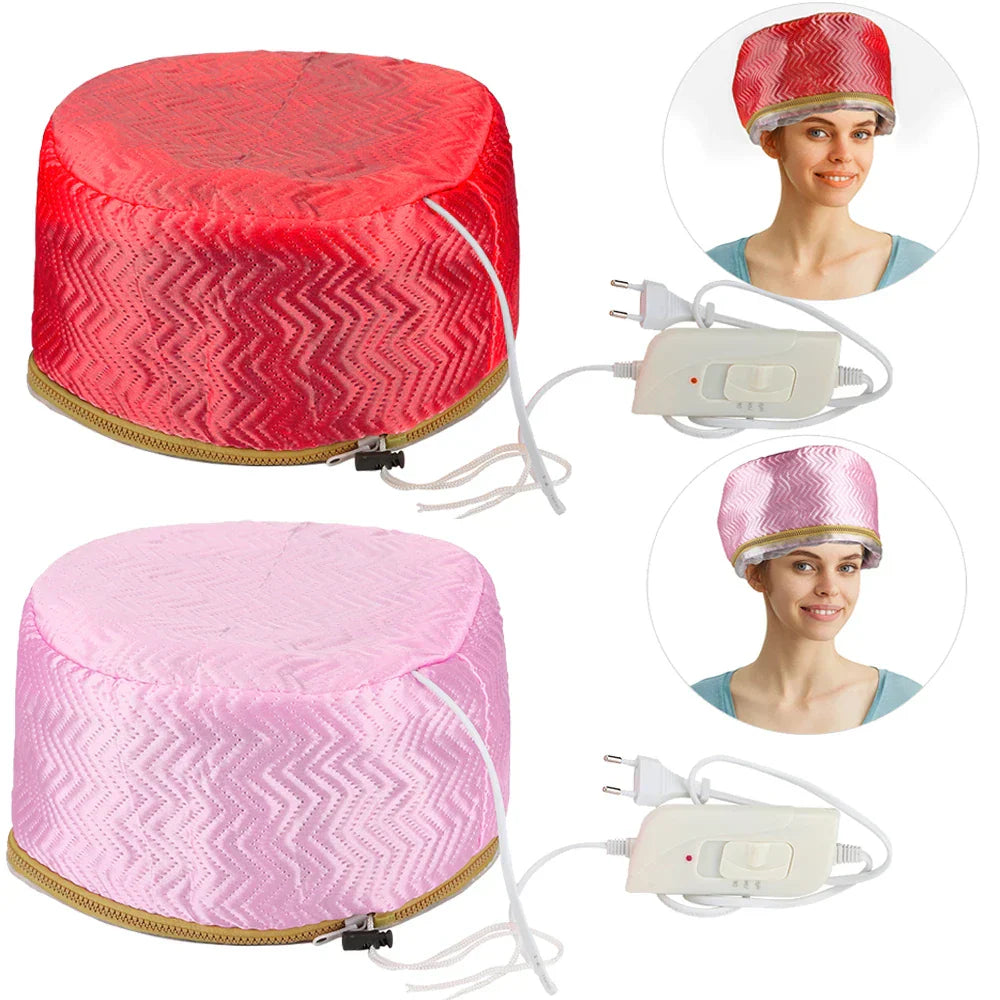 Electric Hair Steamer Cap with adjustable temperature and waterproof lining in red and pink colors for deep conditioning and hair treatment at home