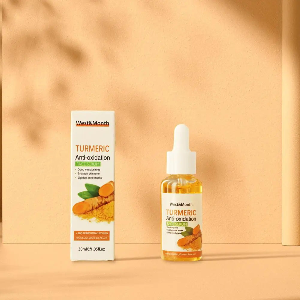 Turmeric Face Whitening & Brightening Serum bottle and packaging on beige background for brightening, anti-oxidation, and dark spot correction skincare