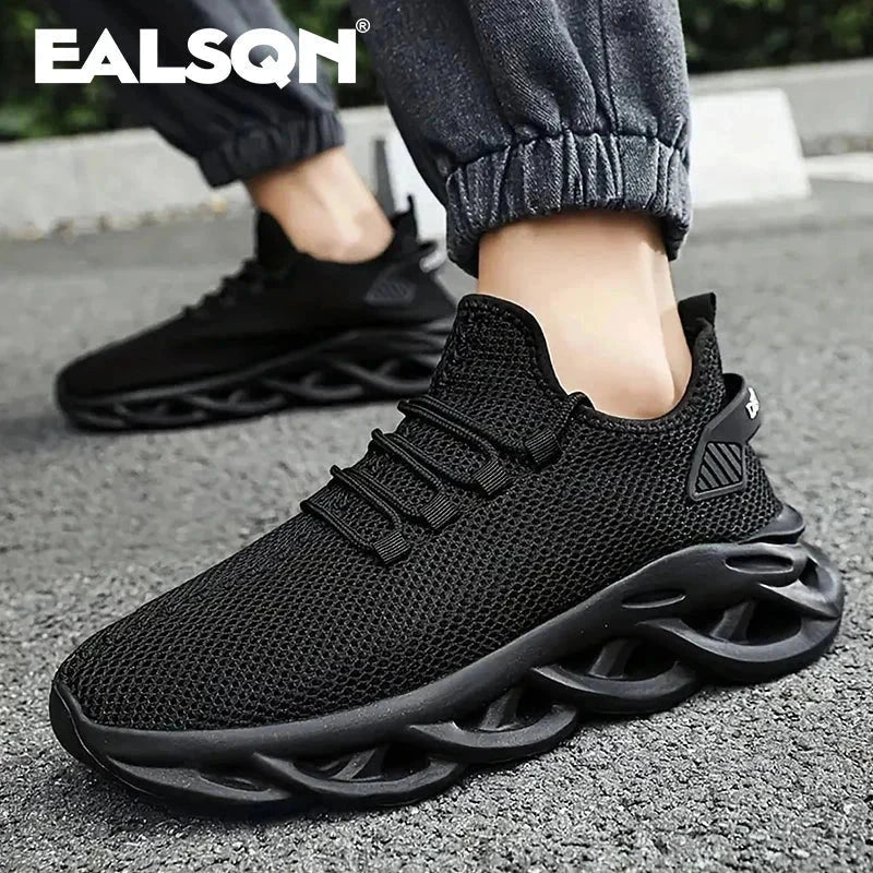 Black lightweight breathable running sneakers with shock-absorbing sole and mesh upper
