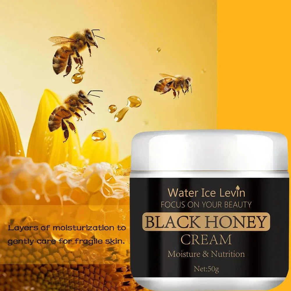 Bee Venom Wrinkle Remover black honey cream jar with bees and honeycomb background, moisturizing skin care product