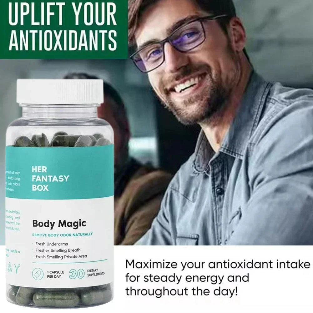 Bottle of Her Fantasy Box Body Magic Chlorophyll Capsules with man smiling, promoting antioxidant intake for energy and detox.