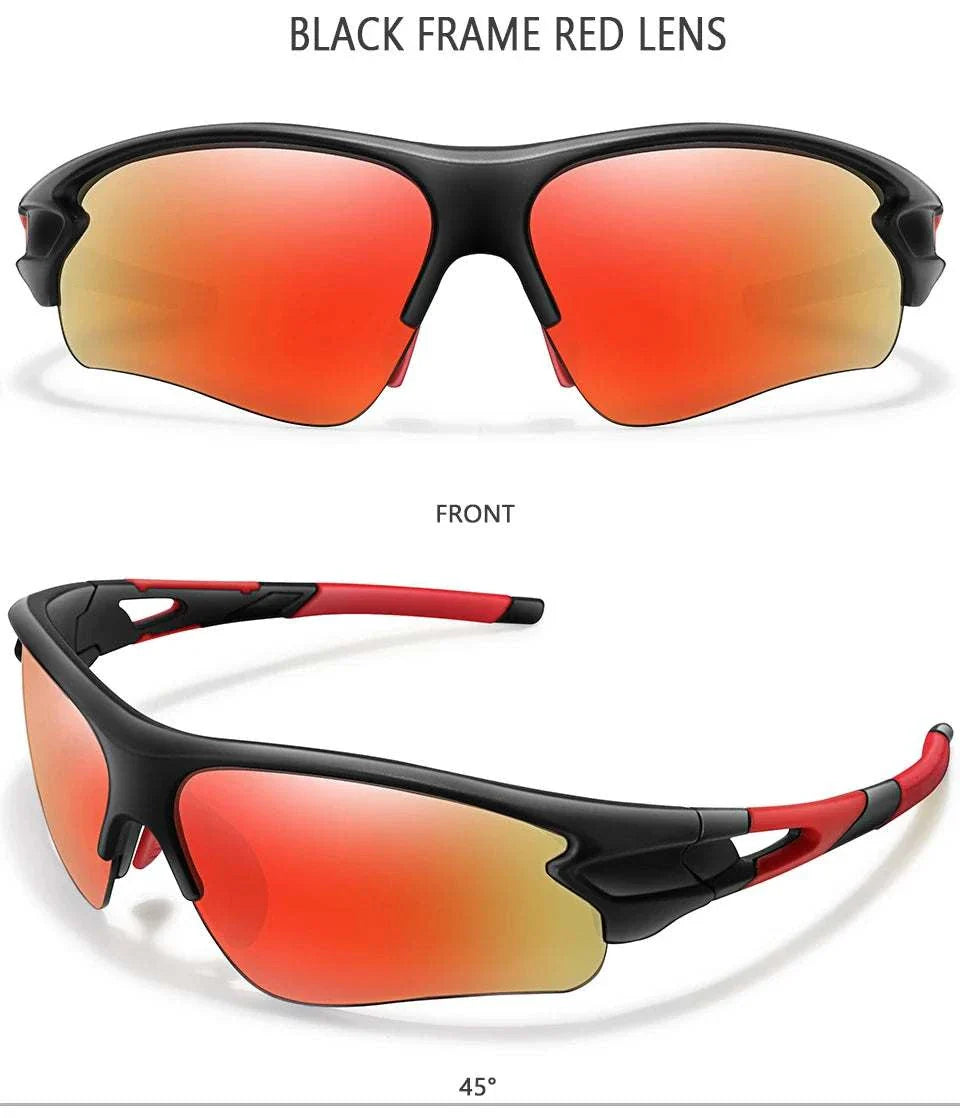 Brand Fashion unisex sunglasses with black frame and red mirrored lenses for outdoor sports and UV400 protection