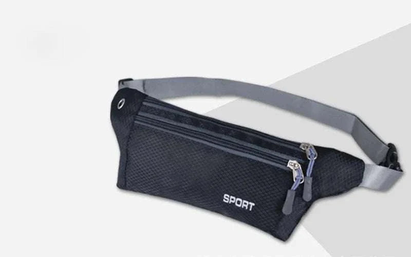 Black nylon waist and chest bag with adjustable gray strap and dual zipper compartments, designed for sports and travel use