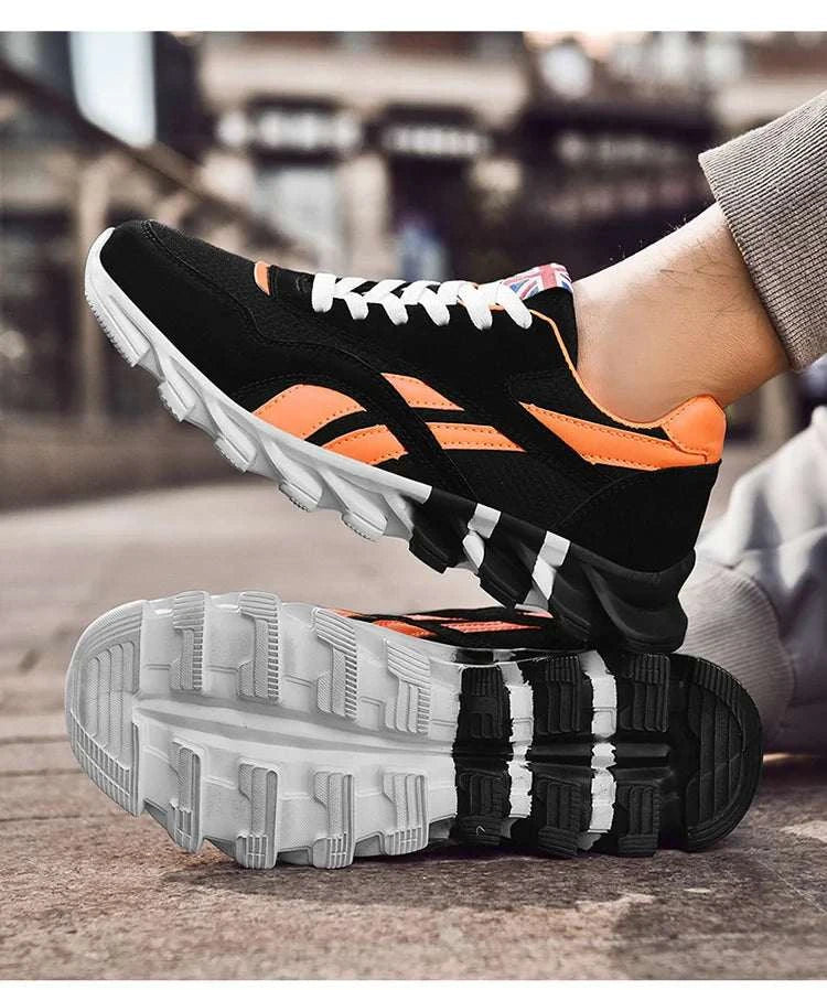 2025 new men's and women's running shoes in black and orange with breathable mesh, cushioned sole, and anti-slip outsole