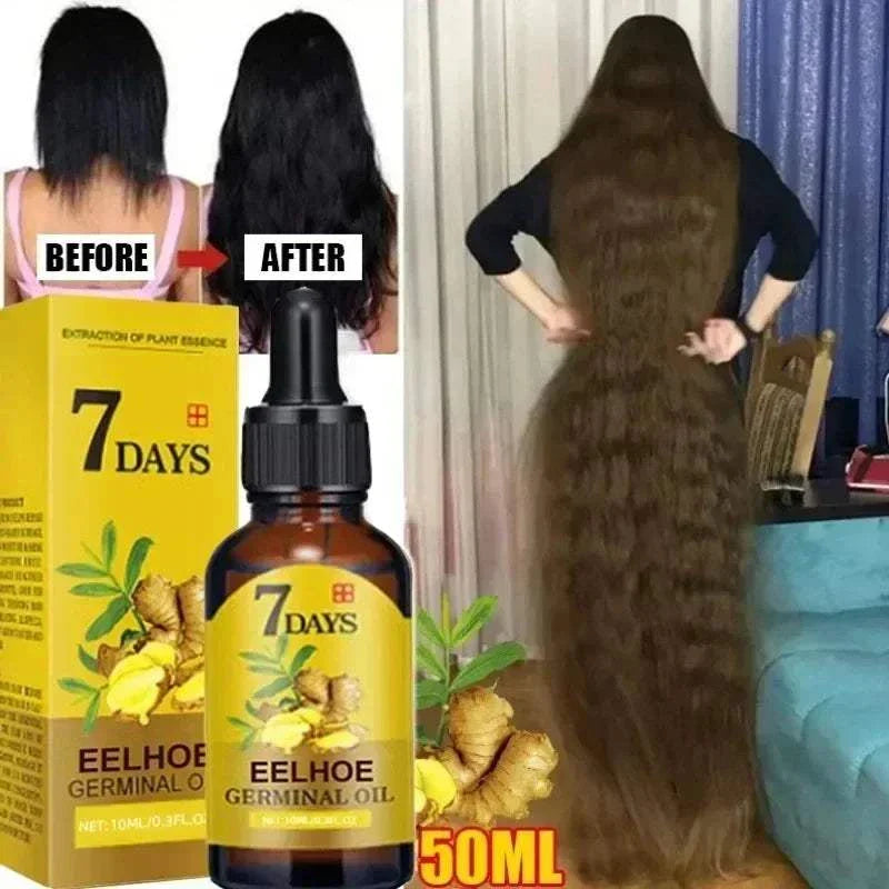 7 Day Rapid Growth Liquid Anti Hair Loss Treatment with ginger extract showing before and after hair growth results and a 50ml bottle of Eelhoe Germinal Oil