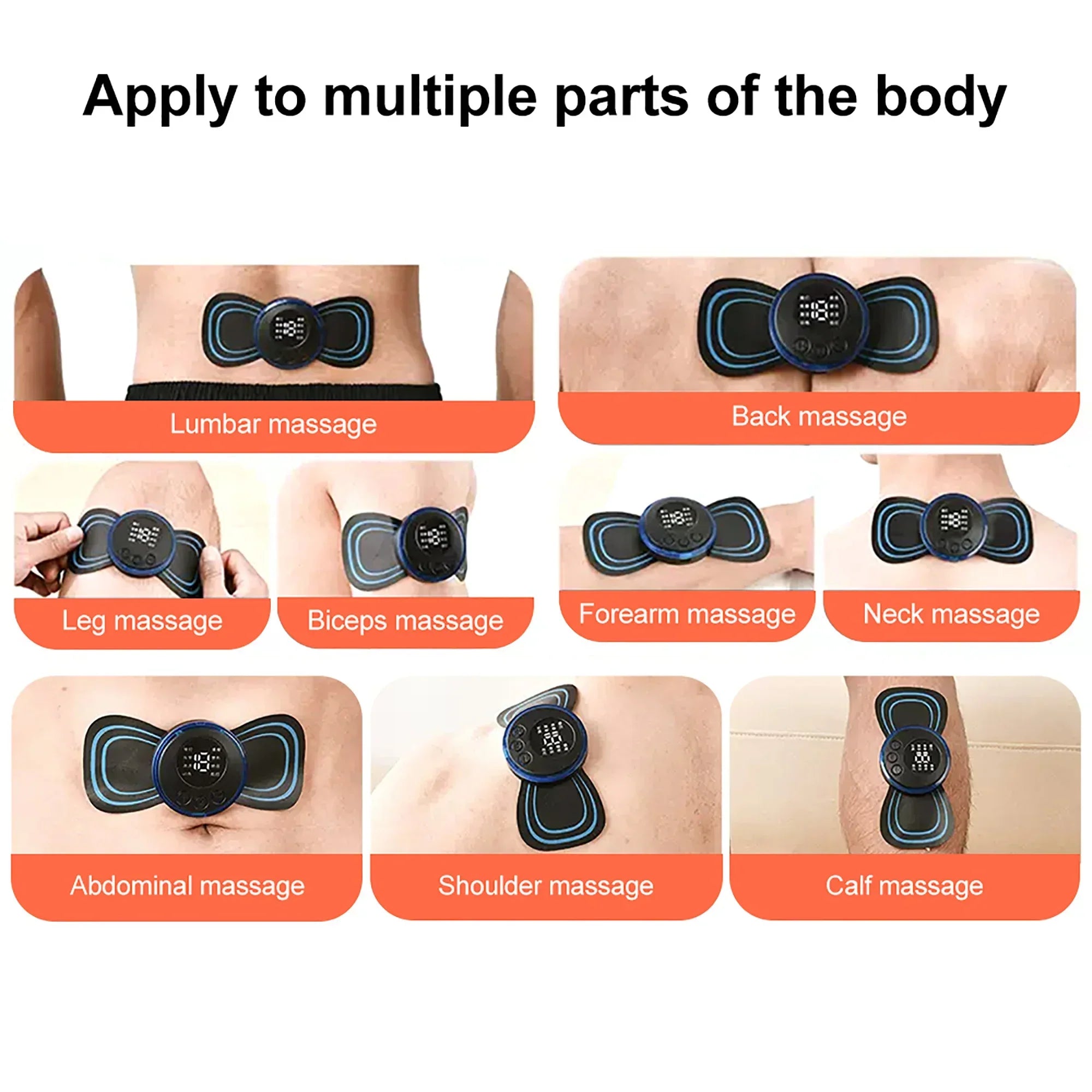 Mini Electric Neck Massager used for deep tissue relaxation on neck, back, lumbar, legs, biceps, forearms, abdomen, shoulders, and calves with portable heat function.