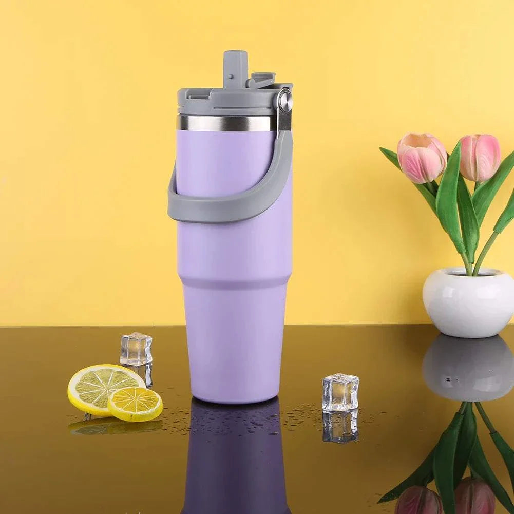 Purple 30oz vacuum insulated stainless steel cup with handle, leak-resistant lid, and double-layer design for hot and cold drinks