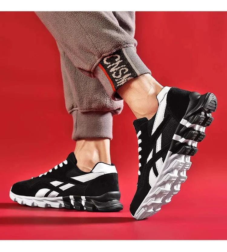 2025 new men's and women's black and white running shoes with breathable mesh and anti-slip soles on red background