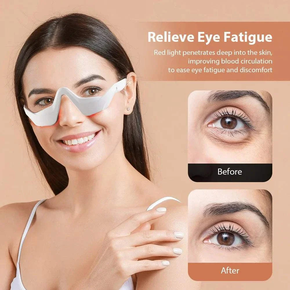 Woman wearing 3D Eye Massager to relieve eye fatigue with before and after images showing reduced dark circles and brighter eyes