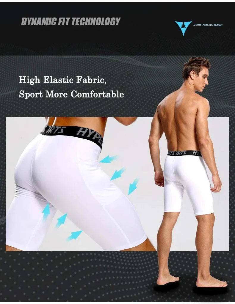 Men’s white compression shorts with high elastic fabric for comfortable sports and training wear.