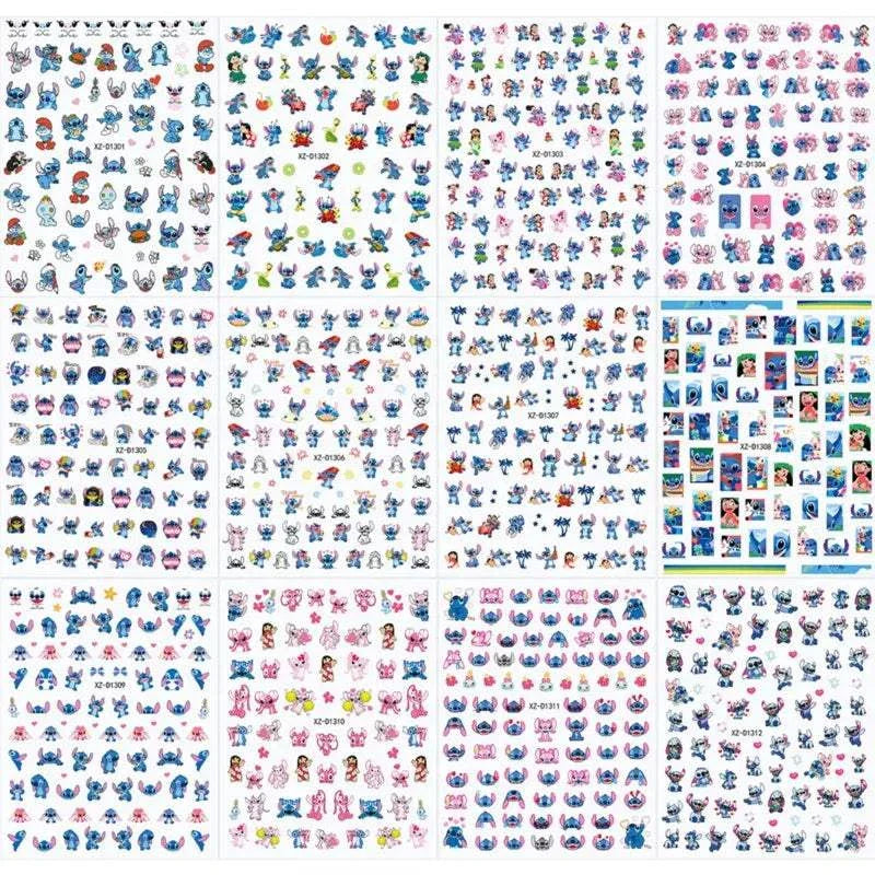 Cartoon Mini Stitch angel nail stickers set with cute blue character designs for nail art decoration
